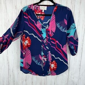 Anthropologie Yumi Kim Tropical Floral Navy Blouse XS